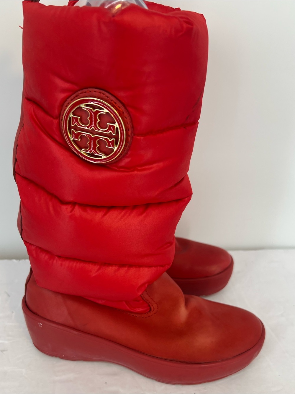 Tory Burch Red Quilted Wedge Winter Boots with Gold Logo